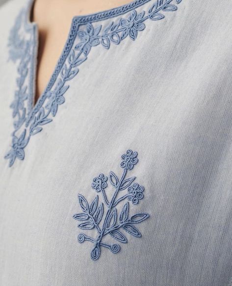 Ambrodary Design Kurti, Blue Embroidery Dress, Machine Work Kurti Design, Machine Embroidery Dress Designs, Kurta Embroidery Design For Women, Hand Embroidery Kurta Designs Women, Embroidery Kurti, Printed Kurta With Embroidery, Front Embroidery Kurta Design