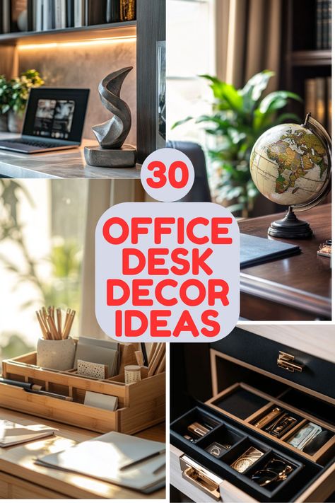 A collage of stylish office decor items, including a desk globe, bamboo organizer, and artistic sculpture, showcasing desk inspiration and creative work desk decor ideas for enhancing work setup desks. Trendy Office Desk Decor, Women’s Desk Decor, Desk Accessories Office Men, Uplift Desk Home Office Ideas, Work Office Decor Inspiration, Decorating A Desk At Home, Home Office Desk Decor Ideas, Office Life Aesthetic, Desk Tray Decor