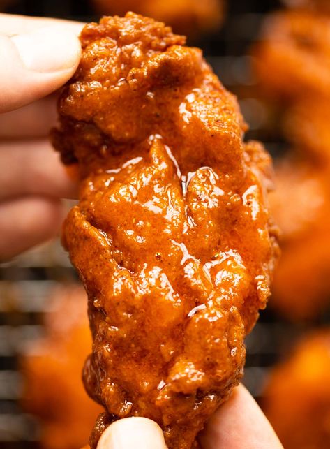 These Nashville Chicken Tenders are spicy, crispy and absolute packed with flavour! | www.dontgobaconmyheart.co.uk Nashville Spicy Chicken, Wingstop Chicken Tenders, Wingstop Tenders, Nashville Hot Sauce Recipe, Nashville Chicken Tenders, Nashville Hot Chicken Tenders, Hot Chicken Tenders, Nashville Hot Chicken Recipe, Chicken Stripes