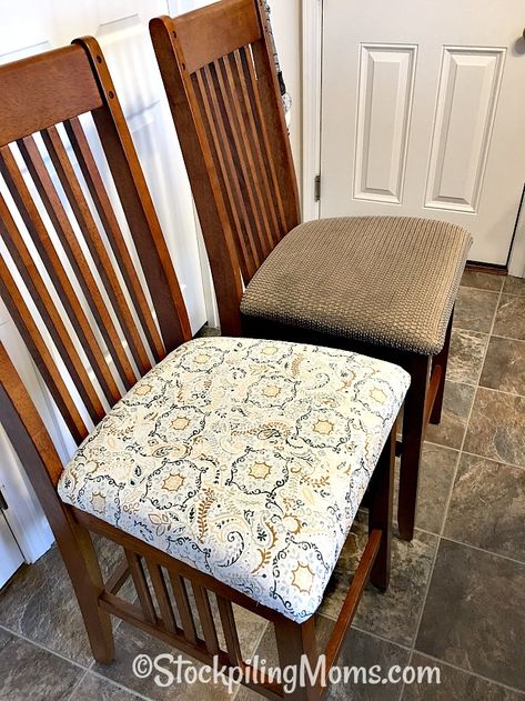 Dining Chair Makeover Upholstery, Recovered Dining Chairs, Redo Kitchen, Refinished Chairs, Fabric Kitchen Chairs, Dining Chair Makeover, Reupholster Chair Dining, Chair Redo, Diy Kitchen Table