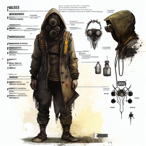 Post Apocalyptic Outfit Concept Art, Post Apocalyptic Reference, Robotic Apocalypse, Scrap Punk Concept Art, Post Apocalyptic Scientist, Apocalyptic Wasteland Concept Art, Sci Fi Post Apocalyptic, Post Apocalypse Character Design, Apocalypse Character Design