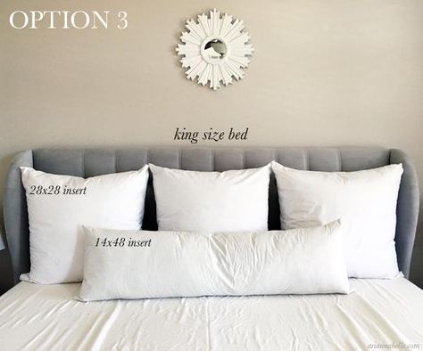 Pillow Size Guide for King Beds – Arianna Belle King Size Bed Pillows, Bedroom Pillows Arrangement, Bed Pillow Arrangement, Pillow Sizes Chart, Pillow Size Guide, Bed Pillow Sizes, Throw Pillows Bedroom, Cal King Bedding, Pillow Arrangement