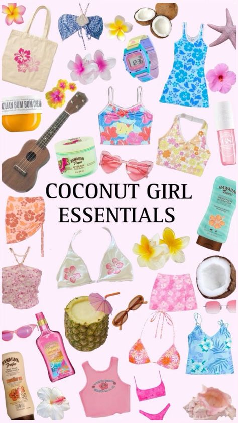 Coconut girl essentials Summer Girl Essentials, Coconut Girl Outfits Summer, Coconut Girl Summer Outfits, Summer Tropical Outfits, Coconut Girl Aesthetic Clothes, Coconut Girl Essentials, Coconut Outfit, Beach Girl Aesthetic Outfit, Coconut Clothes