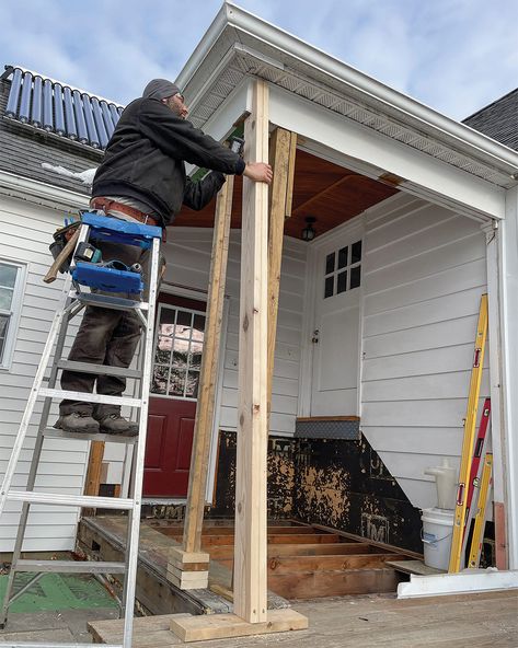 Series of photos showing progress from exposed porch to mudroom Outside Mudroom Front Porches, Bump Out Mudroom Addition, Arctic Entry Addition, Porch To Mudroom, Porch Mudroom, Mudroom Addition, Utility Area, Building Types, Bump Out