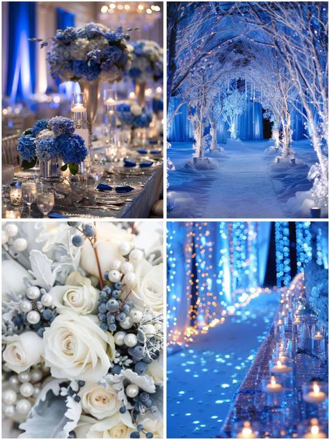 Winter Wedding Royal Blue, Wedding Shades Of Blue, Icy Wedding Theme, Deep Blue Wedding Theme, Navy Blue And Silver Wedding Decorations, Wedding Theme Ideas Color Schemes, Ice Theme Wedding, Royal Blue And Silver Wedding Theme, Light Blue Winter Wedding