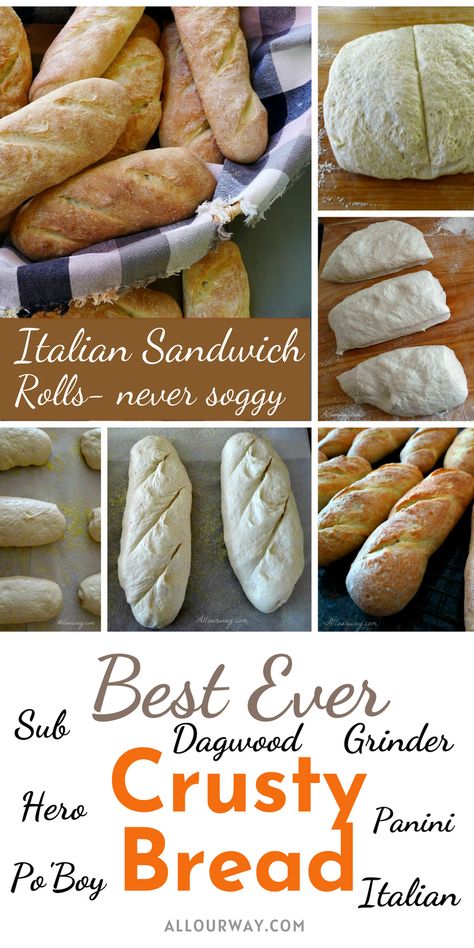 Sandwich rolls with a crusty exterior and a soft interior that doesn't crumble. These sub rolls will hold up well to hot or cold fillings without falling apart. Use them into a hoagie bun, hero sandwich, a grinder, or a delicious meatball sub. Crusty Sandwich Rolls, Grinder Rolls Recipe, Homemade Grinder Rolls, Homemade Crusty Rolls, Italian Sandwich Rolls, Quick Sandwich Rolls, Sub Rolls Homemade, Sourdough Crusty Rolls, Crusty Hoagie Rolls