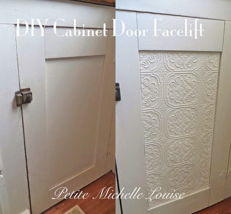 DIY Cabinet Door Facelift....Using as a face lift on solid white IKEA furniture? Wallpaper Bathroom Cabinets, Bathroom Cabinet Doors, Wallpaper For Kitchen Cabinets, Wallpaper Cabinets, Kitchen Pantry Doors, Bathroom Cabinets Diy, Diy Cabinet Doors, Diy Cabinet, Embossed Wallpaper