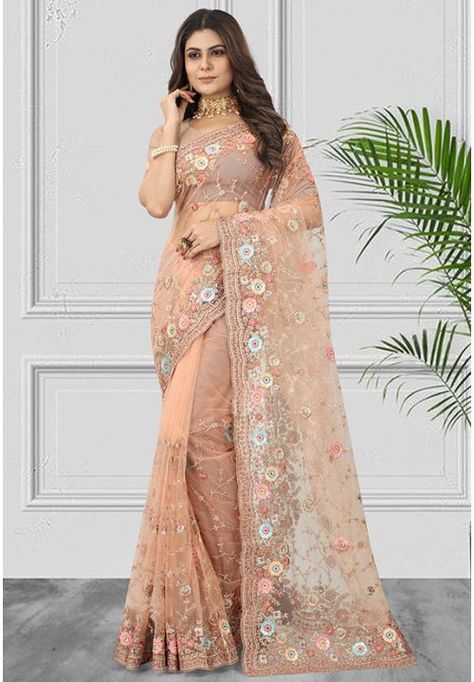 Peach Resham Embroidered Net Saree Diwali Mehendi, Saree For Engagement, Peach Color Saree, Classic Saree, Peach Saree, Peach Colour, Indian Designer Sarees, Peach Blouse, Wedding Saree Indian