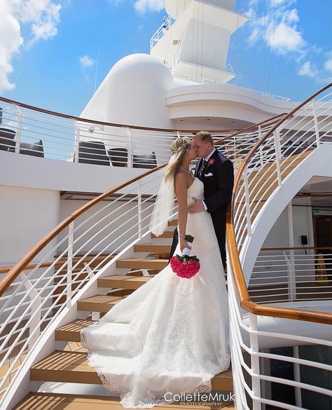 Disney Cruise Line Weddings on Instagram: “⠀ (📷: taken by Collette Mruk Photography) Thank you for Tagging @DisneyCruiseWedding #disneycruisewedding #disneycruisebride #disneybride…” Yacht Wedding Dress, Carnival Cruise Wedding, Photography Wedding Poses, Disney Cruise Wedding, Cruise Ship Wedding, Wedding Photography Checklist, Honeymoon Cruise, Yacht Wedding, Boat Wedding