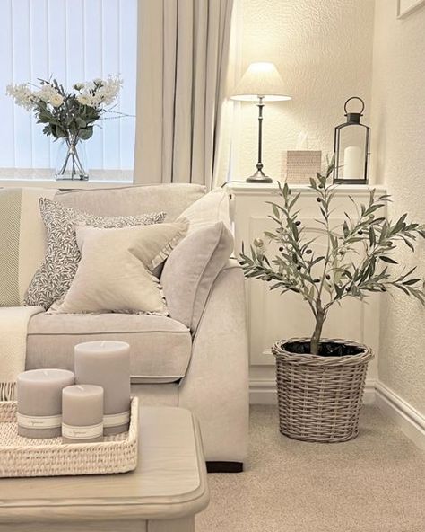 Cosy Lounge Lighting, Cosy Spare Bedroom, Home Decor Cushions, Neutral Lounge Decor, The White Company Living Room, White Company Living Room, Small Lounge Decor, White And Cream Living Room, Small Neutral Living Room