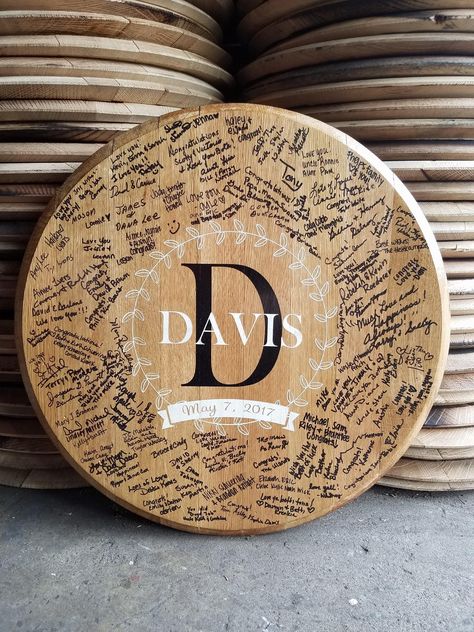 Wedding guestbook made from and authentic Kentucky bourbon barrel head by KyBarrel. (Finished sealed product) Whiskey Barrel Lid Guest Book, Wedding Guess, Barrel Wedding, Wood Burning Tool, Beginner Crafts, Kentucky Bourbon, Wood Burning Crafts, Wood Burning Patterns, Bourbon Barrel