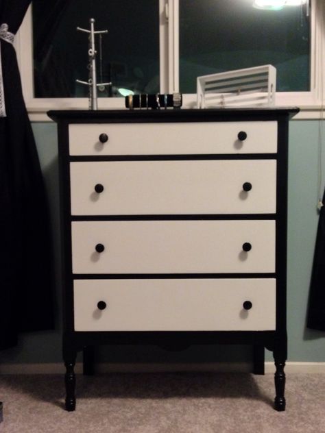 Black and white dresser Black And White Dressers Bedroom, Black And White Dresser Makeover, Black And White Dresser Diy, White Dresser Diy, Black And White Chest Of Drawers, Bedroom Black Dresser, Victoria Bedroom, Black And White Dresser, White Painted Dressers