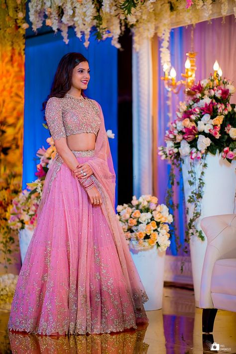 Lahenga Design For Bride Sister, Bridal Reception Dress Indian Lehenga, Lehngas For Bride Sister, Pink Lehenga For Engagement, Sangeet Outfit Sisters Simple, Leghana Design For Reception, Lehenga For Groom's Sister, Reception Dress For Groom Sister, Reception Lehenga For Bride Sister