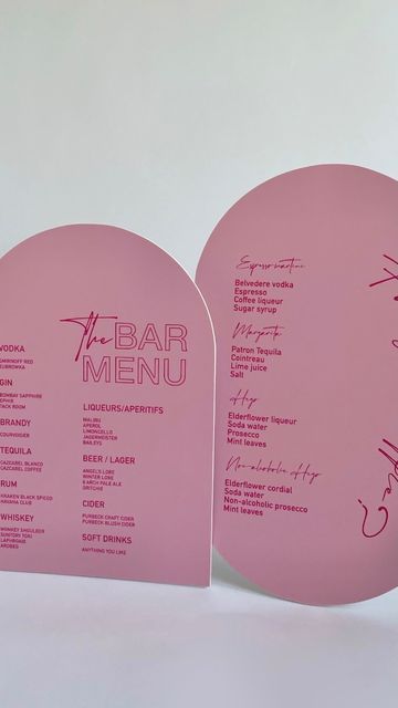 Beth Rochfort on Instagram: "Weirdly my favourite thing to design is a bar sign! By the time your guests see it they’re usually a bit TiPsY so you can really have fun with the design ✨ All my small signage comes with cardboard back struts or industrial Velcro to be mounted to the bar! Arch + pill shaped foamex here 💖" Arch Menu Design, Pink Signage, Arch Menu Card, Bar Arch, Arch Bar Menu Sign, Pink Wedding Menu, Elderflower Cordial, Patron Tequila, Bar Sign