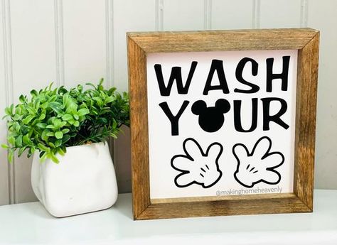 Mickie And Minnie, Disney Farmhouse, Mickey Bathroom, Mickey Mouse Bathroom, Wash Your Hands Sign, Penny Crafts, Disney House Ideas, Disney Bathroom, Casa Disney