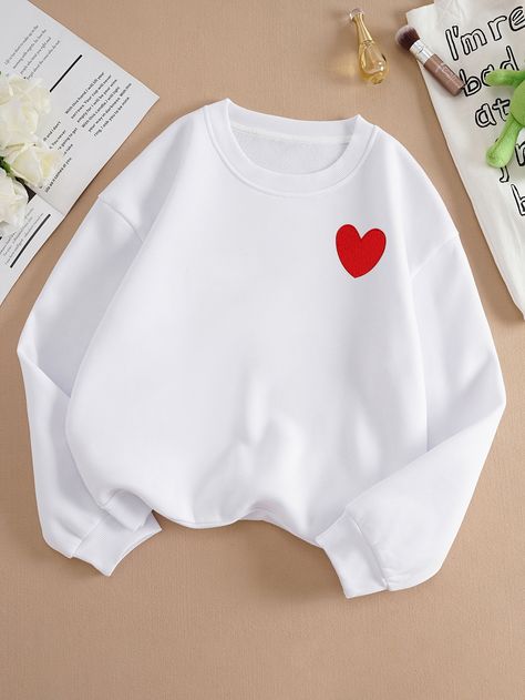 White Casual Collar Long Sleeve Fabric Heart Pullovers Embellished Slight Stretch  Women Sweatshirts Embroidery Heart Pattern, Heart Type, Embroidery Hearts, Black And White Baby, Women Sweatshirts, Dropped Shoulder Sweatshirt, Heart Sweatshirt, Black Hot Pink, Sweatshirts Pattern