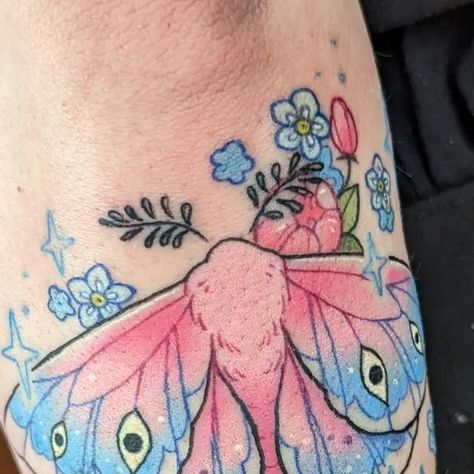 Pastel Moth Tattoo, Trans Butterfly Tattoo, Trans Flag Tattoo, Moth Tattoo Cute, Fluffy Moth Tattoo, Colored Moth Tattoo, Moth Color Tattoo, Pink Moth Tattoo, Pastel Flower Tattoo