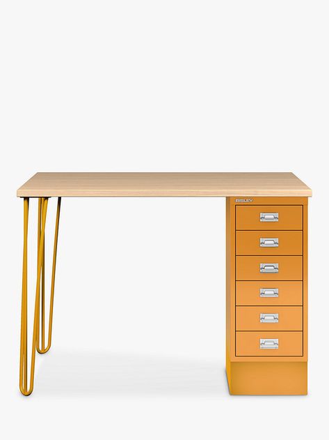 Bisley MultiDesk Oak Wood Home Office Desk with 6 Drawers, 105cm, Yellow/Oak Quirky Office, Quirky Furniture, Dressing Room Closet, Functional Desk, Room Styling, St Albans, Room Closet, Hairpin Legs, Office Cabinets