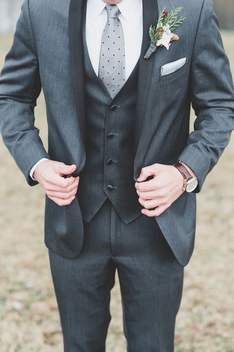 Dark Gray Suit | Gray with Blue Polka Dots Tie | Winter Wedding | Phoenixville Foundry Wedding Winter Groomsmen, Grey Blue Suit, Grooms Suits, Groom Suite, Wedding Sketch, Wedding Wallpaper, Groomsmen Grey, Grey Suit Wedding, Dark Gray Suit