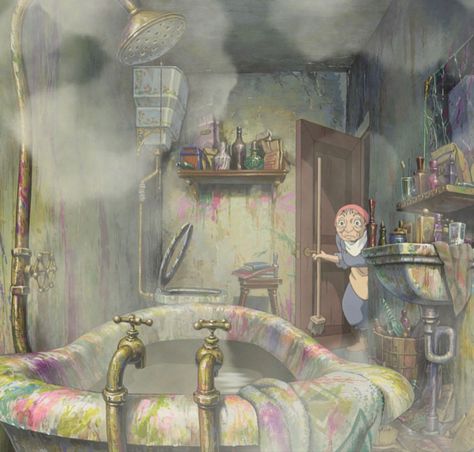 Castle Bathroom, Wizard Howl, Ghibli Scenes, All Studio Ghibli Movies, Howls Moving Castle Wallpaper, Hayao Miyazaki Movies, Hayao Miyazaki Art, Miyazaki Art, 하울의 움직이는 성