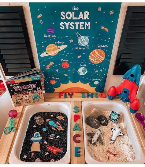 Space Theme Montessori Activities, Sensory Bin Space Theme, Space Sensory Table, Solar System Sensory Bin, Space Sensory Bin Preschool, Space Themed Sensory Bin, Montosory Activities, Space Sensory Activities, Flisat Sensory Table Ideas