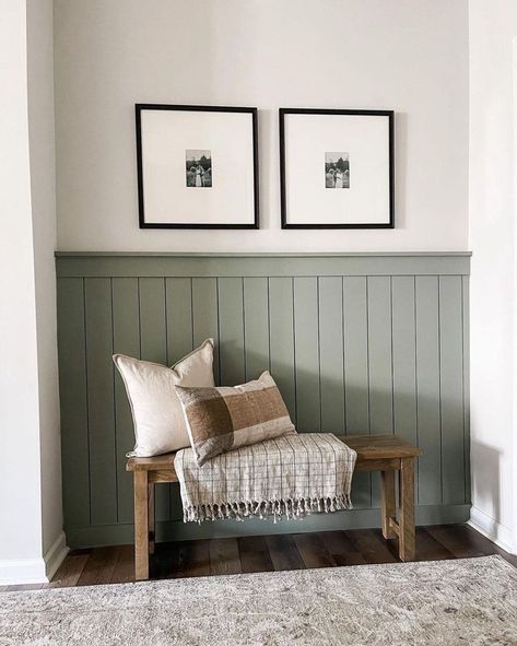 Beadboard Half Wall, Beadboard Accent Wall, Hallway Accent Wall, Sage Green Paint Colors, Best Sherwin Williams Paint, Shiplap Entryway, Green Entryway, Evergreen Fog, Accent Wall Entryway