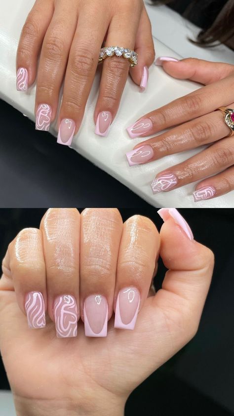 Nail Inspo 2023 Square Short, Short Square Nails Valentines, Pink Birthday Nails Square, Short Pink French Tip Nails With Design, Birthday Nails Squoval, Valentines Nail Inspo 2024, Short Light Pink Acrylic Nails, Short Acrylic Nails Designs Pink, Square Birthday Nails