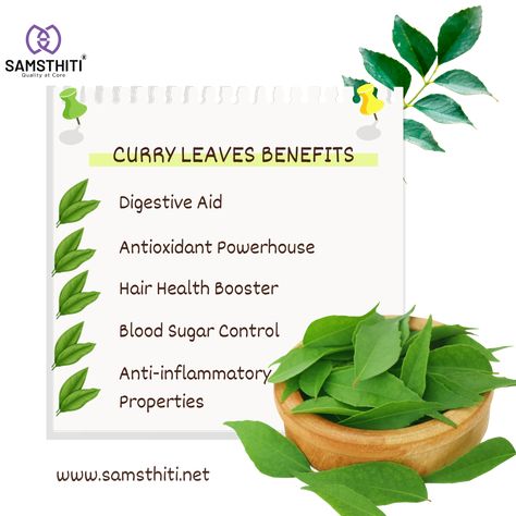 Curry leaves are aromatic leaves commonly used in Indian cuisine for their distinctive flavor. They offer a range of health benefits, including aiding digestion, providing antioxidants, promoting hair health, assisting in blood sugar control, and possessing anti-inflammatory properties. Curry Leaves Benefits, Benefits Of Curry, Curry Leaf Plant, Leaf Health, Herbal Leaves, Curry Leaf, Ginger Smoothie, Dehydrated Fruit, Natural Health Care