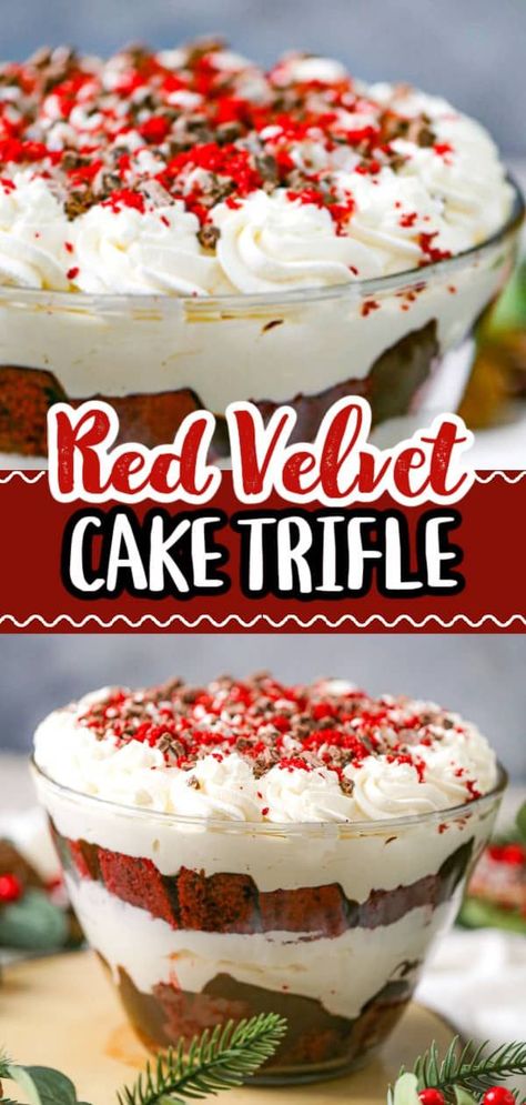 This recipe for our Red Velvet Cream Cheese Cake Trifle looks beautiful and tastes heavenly. As different layers of hot fudge, fluffy cream cheese, whipped cream, and chocolate pudding come together, this scrumptious red velvet cake dessert will be the centerpiece of your Christmas or Valentine's Day celebrations. Red Velvet Trifle Desserts, Mini Trifle Desserts, Red Velvet Trifle, Velvet Desserts, Chocolate Fudge Topping, Trifle Recipes Easy, Cake Trifle, Hot Fudge Topping, Easy Red Velvet