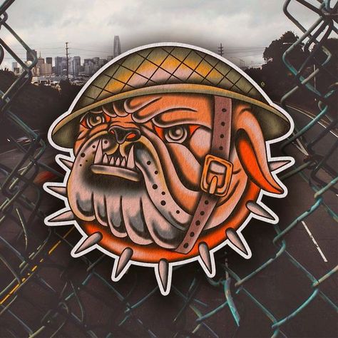 Bulldog Traditional Tattoo, Traditional Bulldog Tattoo, Traditional Tattoo Neck, Dog Helmet, Many Tattoos, Traditional Ideas, Dog Soldiers, Tattoo Neck, Bulldog Tattoo