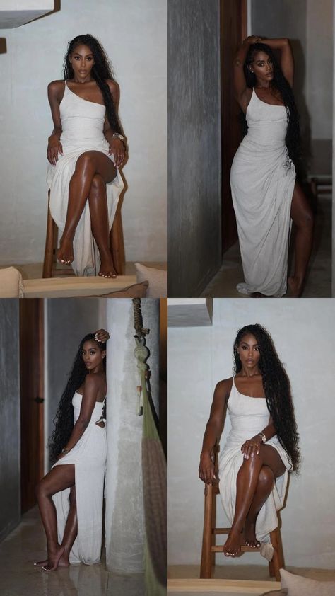 Black And White Outfit Aesthetic Classy, Curly Vacation Hair, Siren Aesthetic Black Woman, Greece Black Women, Black Model Aesthetic Lifestyle, Braids And Dresses Outfit, Naomicore Aesthetic, Braids With Dress Outfit, Robe Photoshoot Photo Ideas