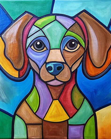 Stained Glass Dog pre drawn on a stretched canvas. Great for a summer activity. Paint kit includes canvas, paint, brushes and a disposable apron. Dogs Painting On Canvas, Dog Painting Ideas, Abstract Dog Painting, Abstract Shapes Painting, Colorful Dog Art, Animal Canvas Paintings, Sharpie Drawings, Whimsy Art, Abstract Art Images