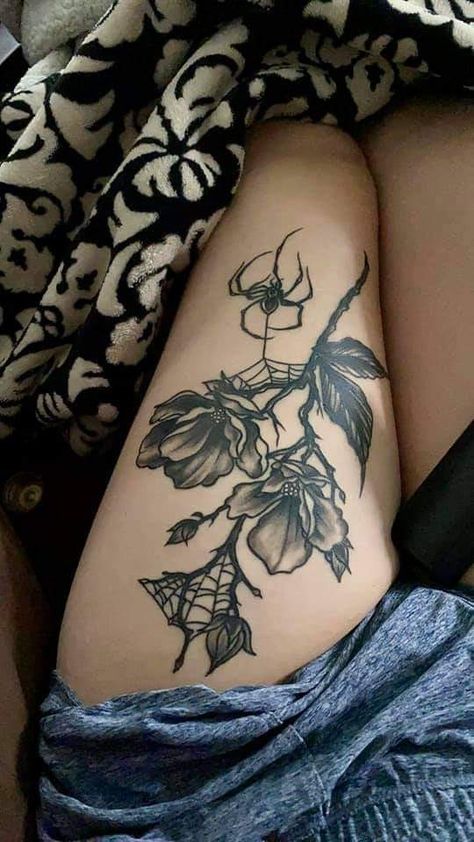 Goth Feminine Tattoo, Roses And Spider Web Tattoo, Spider On Flower Tattoo, Spooky Leg Tattoos, Dark Feminine Tattoos Leg Sleeve, Dark Feminine Tattoos Ideas, Dark Feminine Tattoos Sleeves, Flower Leg Tattoos Women, Spider Flower Tattoo