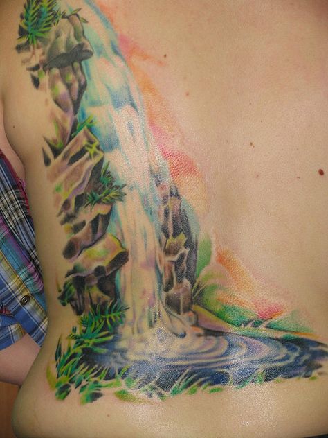 Waterfall tattoo Waterfall Tattoo Ideas, Back Tattoo Women Upper, Waterfall Tattoo, Common Tattoos, Baby Tattoo Designs, Autumn Tattoo, Foot Tattoos For Women, Tattoos For Women Flowers, Tattoo Women