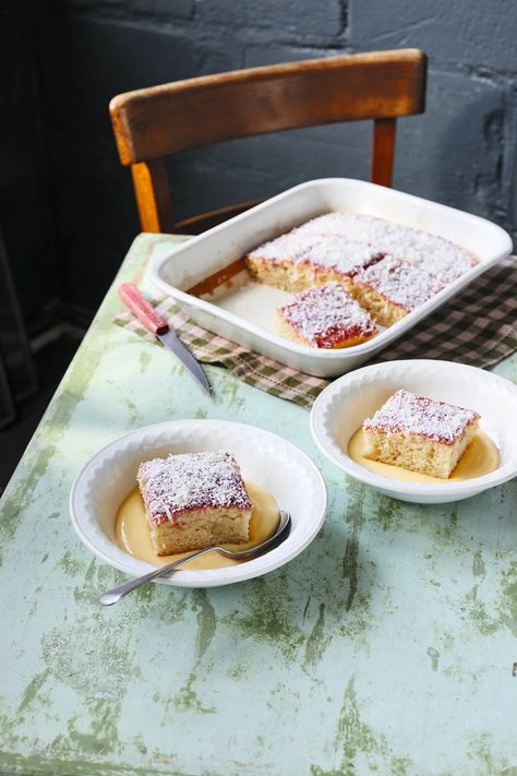 School days jam and coconut sponge pudding | House & Garden Steak And Kidney Pudding, Sponge Pudding, Brown Sauce, Georgian Era, Vegetable Puree, Pudding Recipe, Coconut Cake, Bakery Recipes, Raspberry Jam