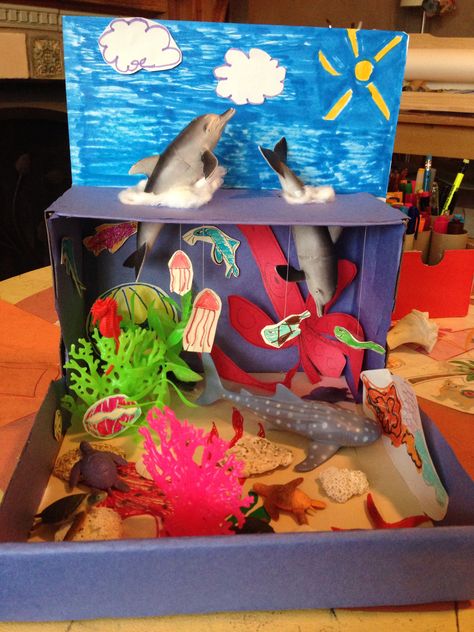 Ocean habitat diorama Ecosystems Diorama, Ocean Diorama, Biomes Project, Ecosystems Projects, Habitats Projects, Ocean Habitat, Ocean Projects, Ocean Kids, Sea Crafts