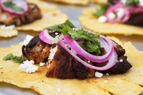 Cumin and Ancho Chicken Tacos Olive Fougasse, Ancho Chicken, Fougasse Bread, Picked Red Onions, Homemade Tortilla, Chicken Taco Recipes, Lime Vinaigrette, Savory Herb, Taco Recipe