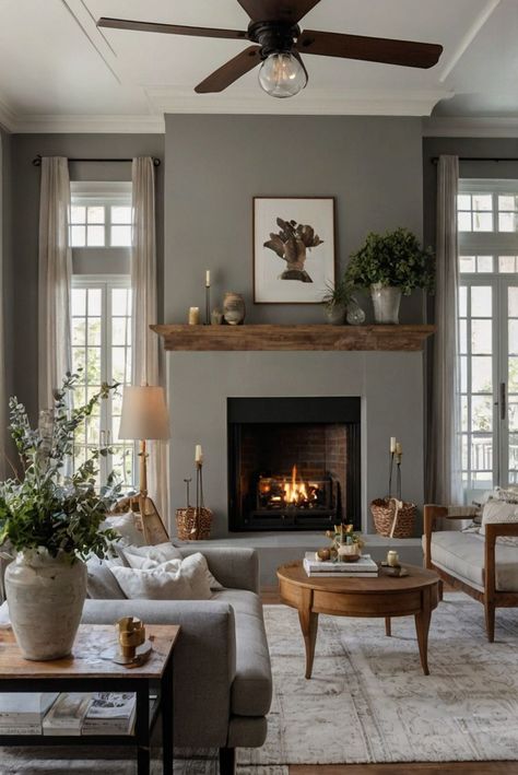 French country living room design, cozy fireplace design, home interior decor, space planning ideas, interior bedroom design, kitchen designs, paint color match Living Room Ideas With Stone Fireplace, Contemporary Country Living Room, Country Fireplace Ideas, French Furniture Living Room, Rustic French Country Living Room, Modern French Country Living Room, Charming Fireplace, French Country Living Room Decor Ideas, Warm Neutral Living Room