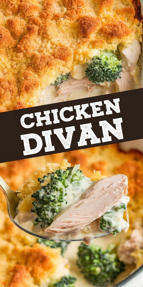 Classic Chicken Divan – This creamy and comforting Chicken Divan is made with tender chicken, broccoli, and a rich, cheesy sauce, all baked to golden perfection. A timeless family favorite! Chicken Crouton Casserole, Company Chicken Casserole Recipe, Chicken Broccoli Mushroom Soup, Easy Chicken Divine Recipe, Broccoli Chicken Divan Recipe, Chicken Divan Rice Casserole, Chicken Divan Without Canned Soup, Chicken Divan Recipe Without Canned Soup, Chicken Devine Casserole Easy Recipes