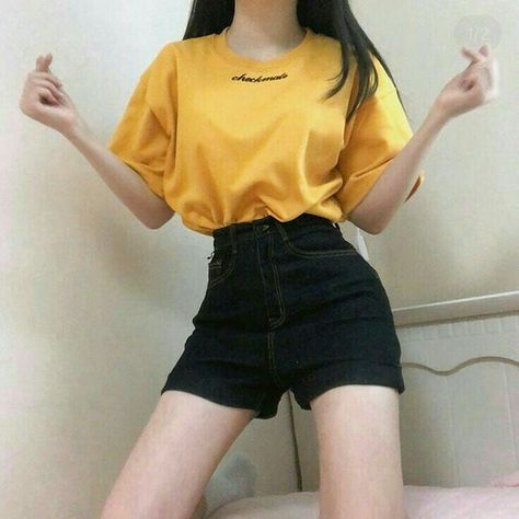 Tucked In Shirt, Tumblr Photos, Korean Casual Outfits, Yellow Shirt, Korean Girl Fashion, Korean Fashion Trends, Ulzzang Fashion, Pinterest Fashion, Teenage Fashion Outfits