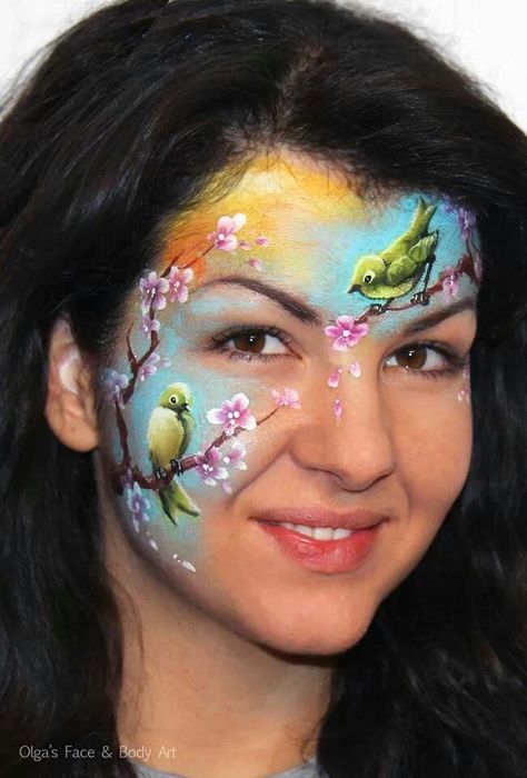 Beautiful spring flowers with bird face painting.  Birds Face Painting Competition, Spider Man Face Paint, Animal Face Paintings, Adult Face Painting, Birds Singing, Face Paint Makeup, Kids Face Paint, Painting Competition, Facepainting Ideas