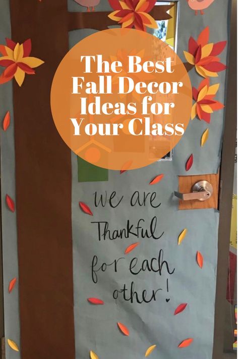 The best fall classroom decorations including the cutest fall bulletin board ideas, door decorations, cute signs and tons of DIY ideas. #classroomdecorations Classroom Door Thanksgiving Ideas, Fall Themed School Doors, Fall Door Decorations Classroom November, Fall Decor Ideas For Classroom Wall, Thanksgiving Door Decorations Classroom Decorating Ideas, Fall Classroom Door Decor, Easy Fall Door Decorations Classroom, Middle School Door Decorating Ideas, Thanksgiving Door Ideas