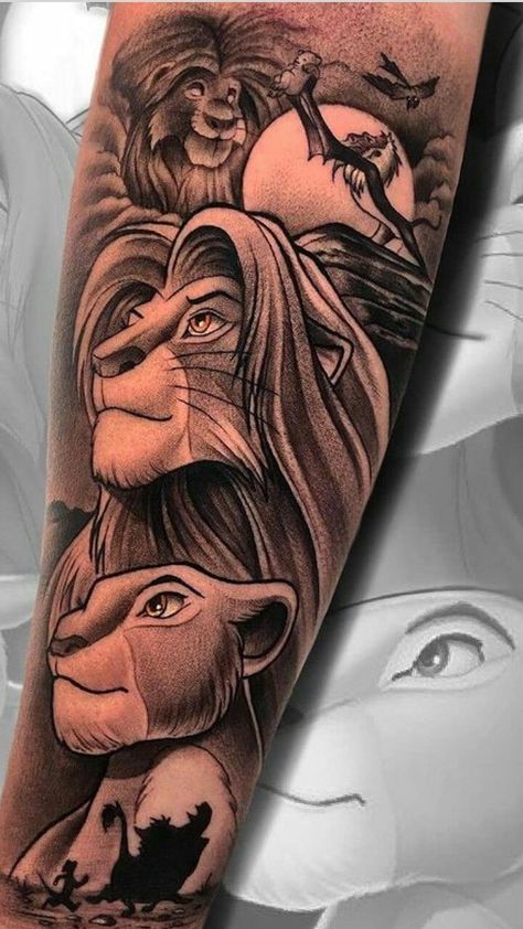 Disney Tattoo Sleeve Ideas, Lion King Tattoo Sleeve, Disney Lion King Tattoo, Lion King Sleeve Tattoo, The Lion King Tattoo Ideas, Lion King Tattoo For Women, Lion King Tattoo Design, Disney Sleeve Tattoo, Lion King Tattoo Ideas