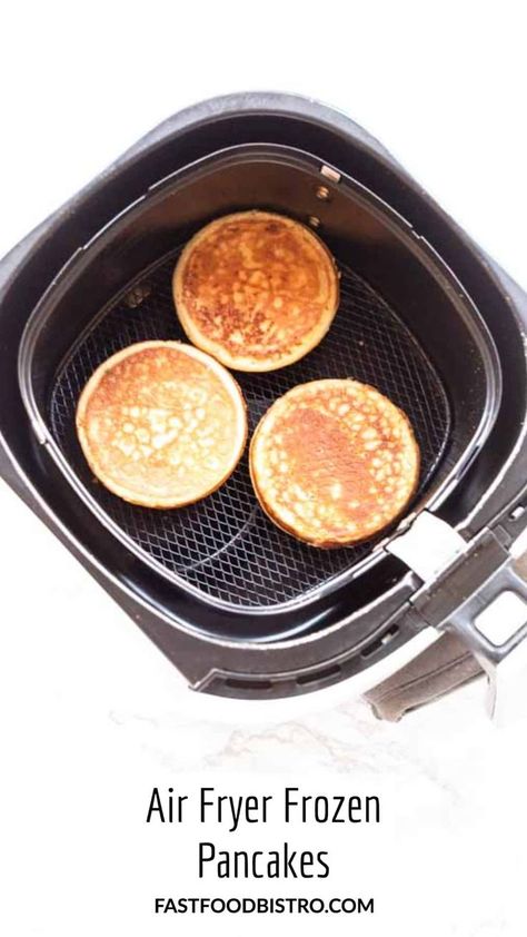 Thick pancakes in an Air Fryer or stacked on a white plate Pancakes In Air Fryer, Frozen Pancakes, Air Fryer Recipes Dessert, Freeze Pancakes, Dutch Pancakes, Cooks Air Fryer, Frozen Breakfast, Homemade Pancakes, Air Fryer Recipes Healthy