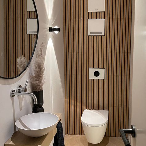 Wooden Wall Slats, Wood Panel Bathroom, Decorative Wood Panels, Wall Slats, Wooden Cupboard Design, Wood Feature Wall, Wood Wall Bathroom, Wooden Panelling, Small Toilet Room