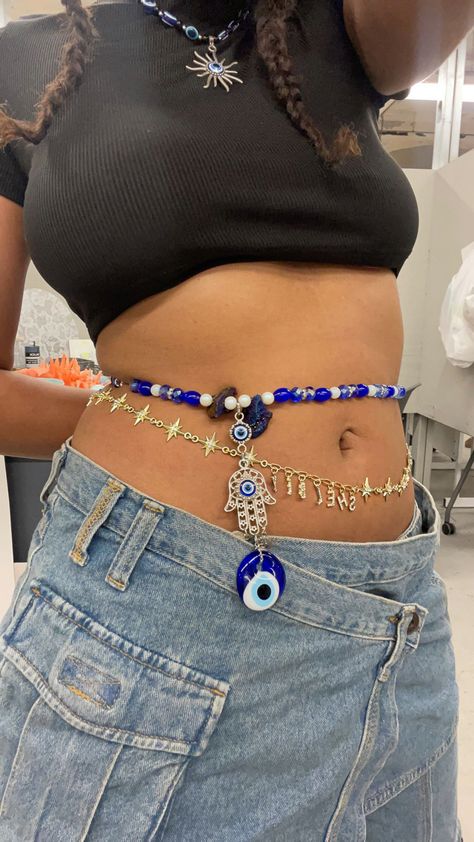 waist beads made by me with evil eye and crystals! Waist Jewelry, Waist Beads, How To Make Beads, Made By Me, Evil Eye, To Sell, Aura, Things To Sell, Beads