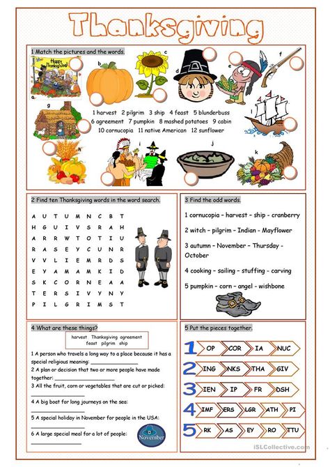 Thanksgiving Grammar, Thanksgiving Elementary, Teaching Thanksgiving, Thanksgiving Worksheets, Thanksgiving School, Vocabulary Exercises, Thanksgiving Words, English Activities, Thanksgiving Fun