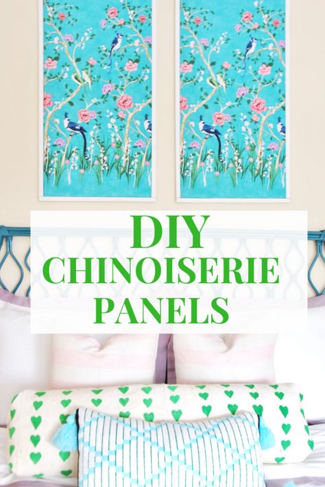 DIY-CHINOISERIE-PANELS Diy Chinoiserie Painting, Chinoiserie Bathroom Decor, Diy Chinoiserie Panels, Modern Chinoiserie Interior Design, Chinoiserie Diy, Chinoiserie Interior Design, Chinoiserie Wall Panels, Chinoiserie Paintings, Diy Chinoiserie