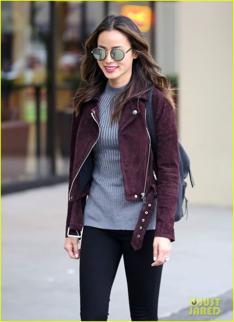 Jamie Chung Wants to Know How Her Fans Start Their Mornings: Photo #3610826. Jamie Chung steps out to run some errands on Saturday (March 19) in Vancouver, Canada.    The 32-year-old actress took to her Twitter the next day to ask her fans… Burgundy Jacket Outfit, Jamie Chung Style, Suede Jacket Outfit, Moto Jacket Outfit, Blanknyc Suede Moto Jacket, Jamie Chung, Burgundy Jacket, Winter Work, Leather Jacket Outfits