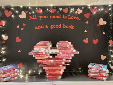 Valentines Book Display, Romance Book Display Library, Valentines Library Display, Valentines Day Book Display, February Library Displays, Library Valentines Display, Valentine Bulletin Boards For Library, Valentines Day Library Displays, Book Arrangement